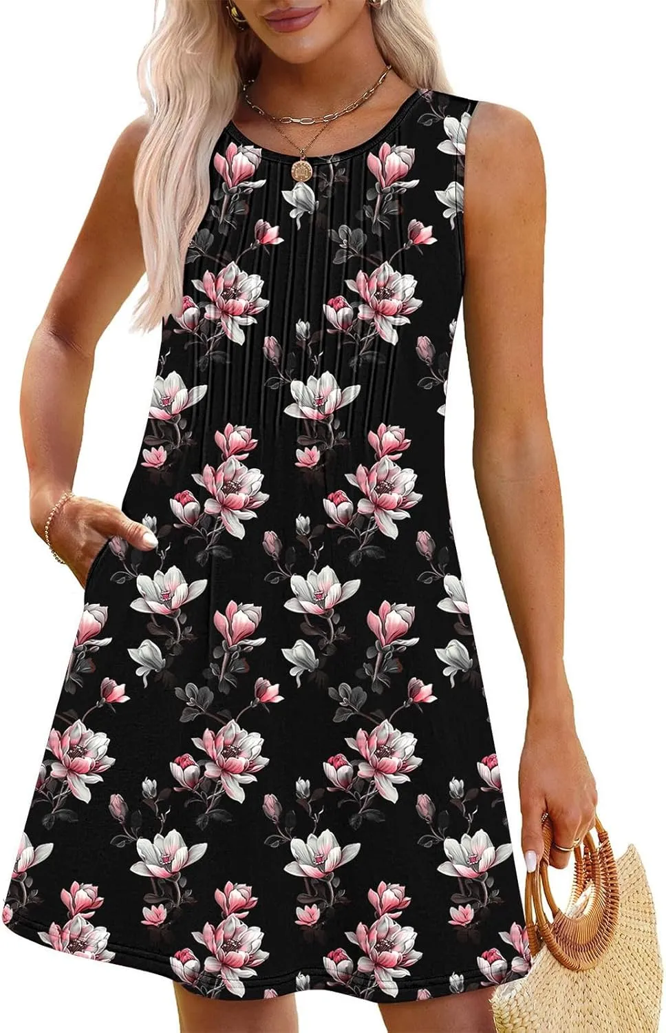 Vacation Dresses for Women 2025 Casual Loose Crewneck Sleeveless Sun Dress Floral Boho Summer Dress with Pockets