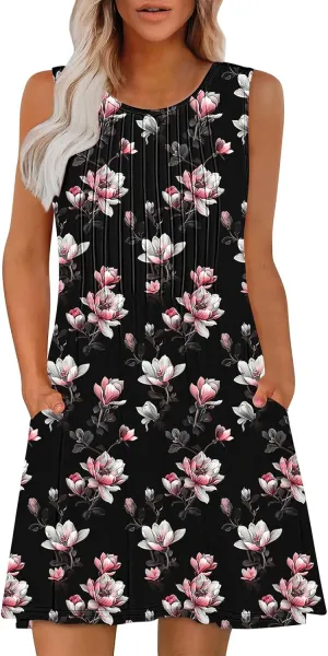 Vacation Dresses for Women 2025 Casual Loose Crewneck Sleeveless Sun Dress Floral Boho Summer Dress with Pockets