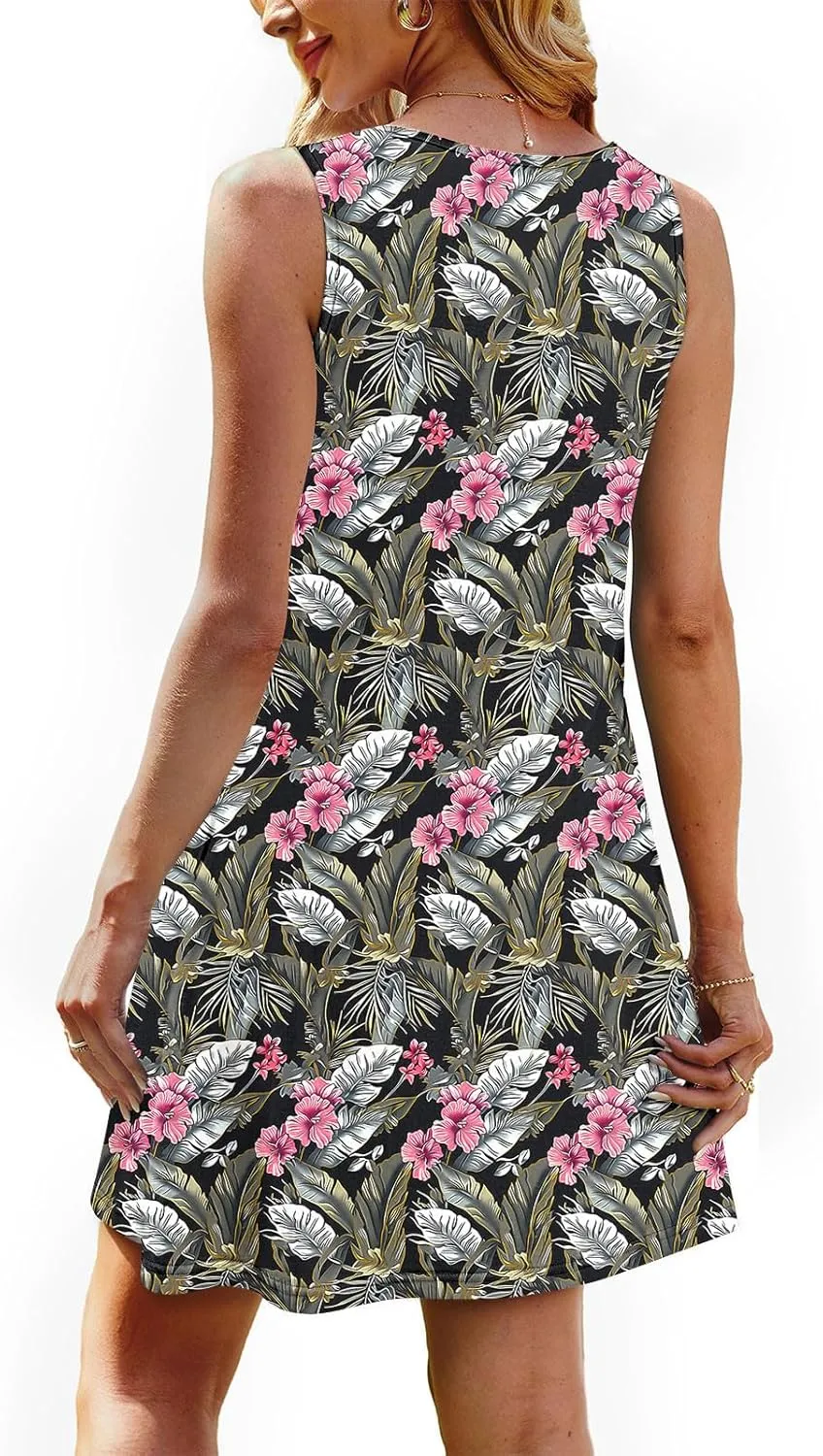 Vacation Dresses for Women 2025 Casual Loose Crewneck Sleeveless Sun Dress Floral Boho Summer Dress with Pockets