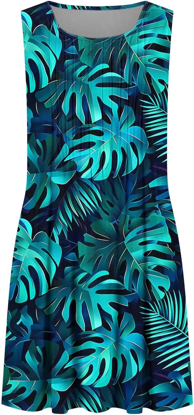 Vacation Dresses for Women 2025 Casual Loose Crewneck Sleeveless Sun Dress Floral Boho Summer Dress with Pockets