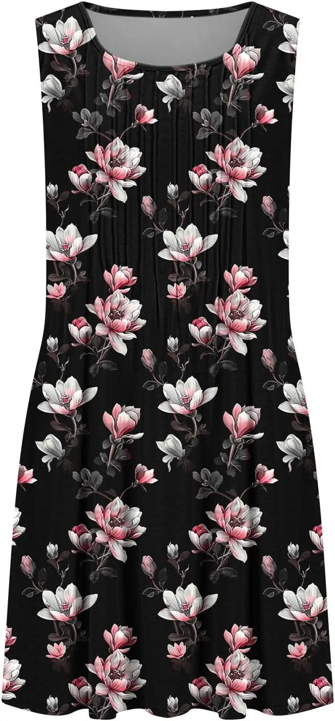 Vacation Dresses for Women 2025 Casual Loose Crewneck Sleeveless Sun Dress Floral Boho Summer Dress with Pockets