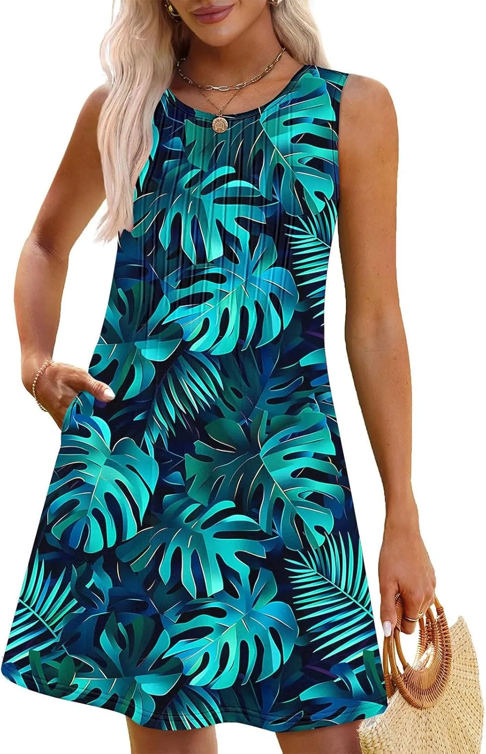 Vacation Dresses for Women 2025 Casual Loose Crewneck Sleeveless Sun Dress Floral Boho Summer Dress with Pockets
