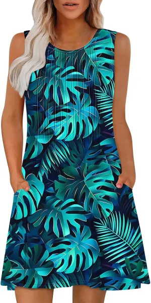 Vacation Dresses for Women 2025 Casual Loose Crewneck Sleeveless Sun Dress Floral Boho Summer Dress with Pockets