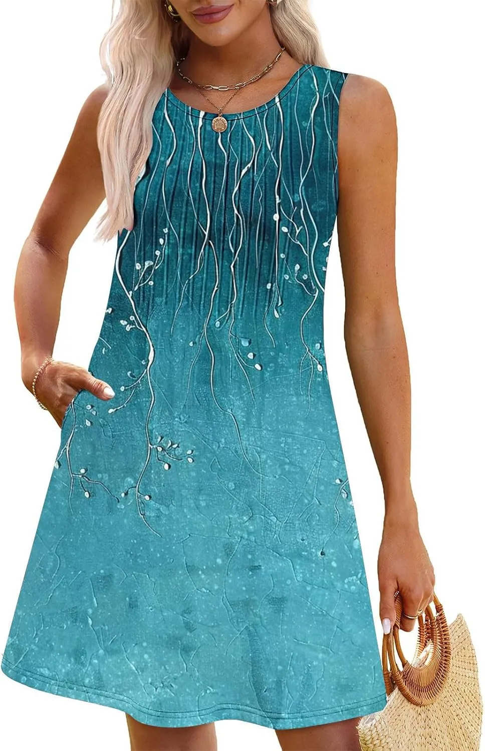 Vacation Dresses for Women 2025 Casual Loose Crewneck Sleeveless Sun Dress Floral Boho Summer Dress with Pockets