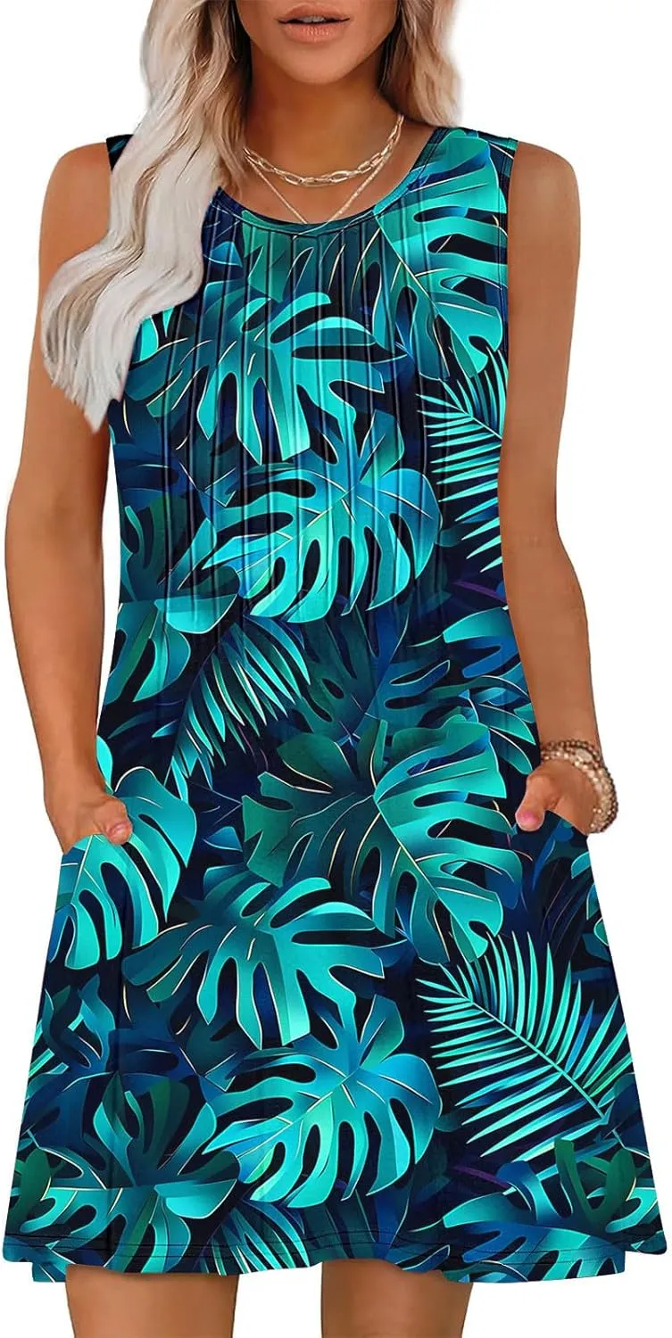 Vacation Dresses for Women 2025 Casual Loose Crewneck Sleeveless Sun Dress Floral Boho Summer Dress with Pockets