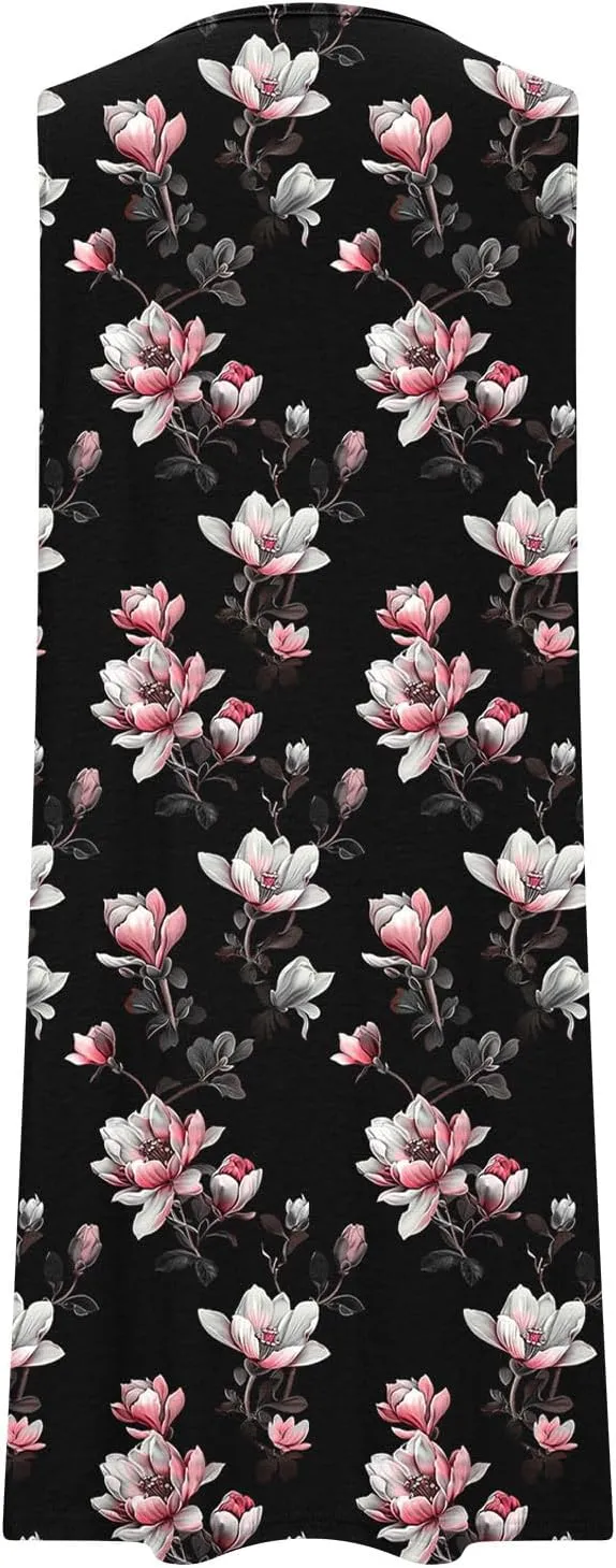 Vacation Dresses for Women 2025 Casual Loose Crewneck Sleeveless Sun Dress Floral Boho Summer Dress with Pockets