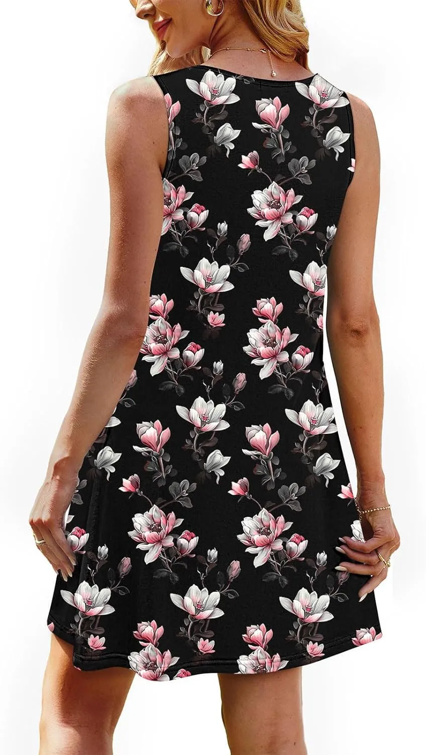 Vacation Dresses for Women 2025 Casual Loose Crewneck Sleeveless Sun Dress Floral Boho Summer Dress with Pockets