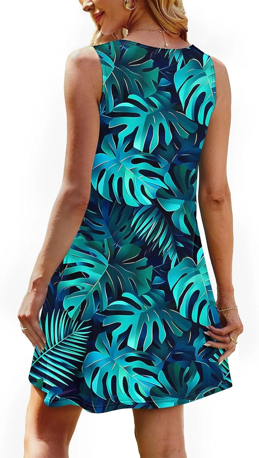 Vacation Dresses for Women 2025 Casual Loose Crewneck Sleeveless Sun Dress Floral Boho Summer Dress with Pockets