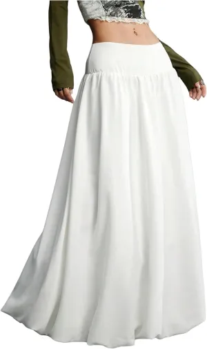 Verdusa Women's Low Waist Bubble Skirt Fairycore A Line Flared Maxi Skirts