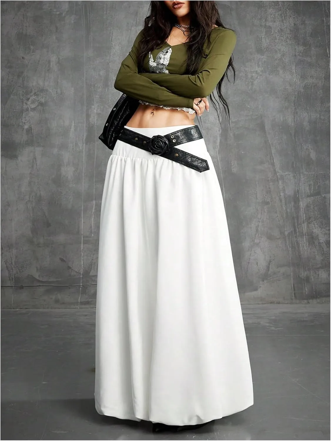 Verdusa Women's Low Waist Bubble Skirt Fairycore A Line Flared Maxi Skirts