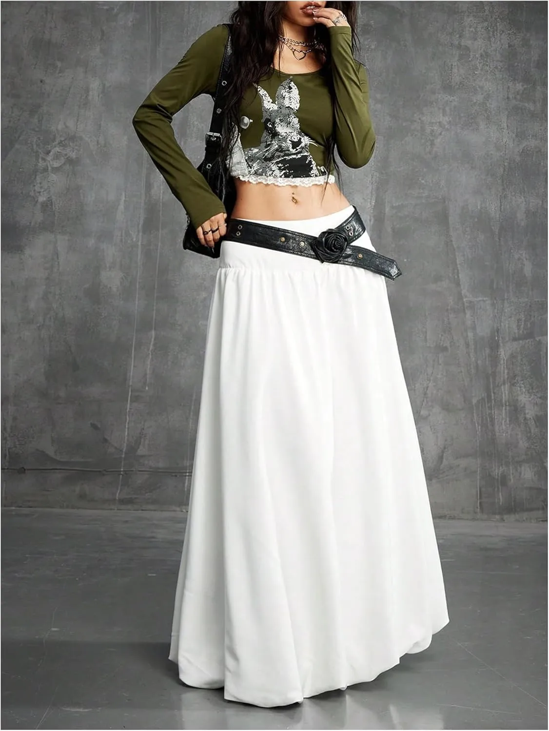 Verdusa Women's Low Waist Bubble Skirt Fairycore A Line Flared Maxi Skirts