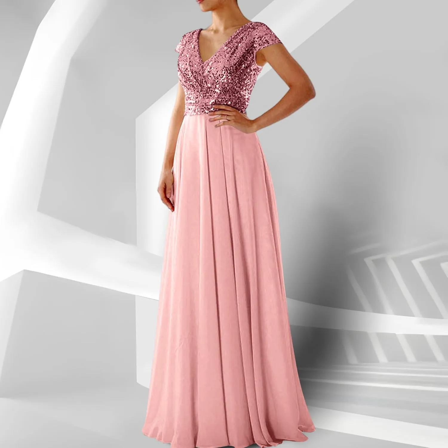 Wedding Guest Dresses for Women Glitter Sequin Long Formal Evening Gown V Neck Cap Sleeve High Waist Chiffon Maxi Dress