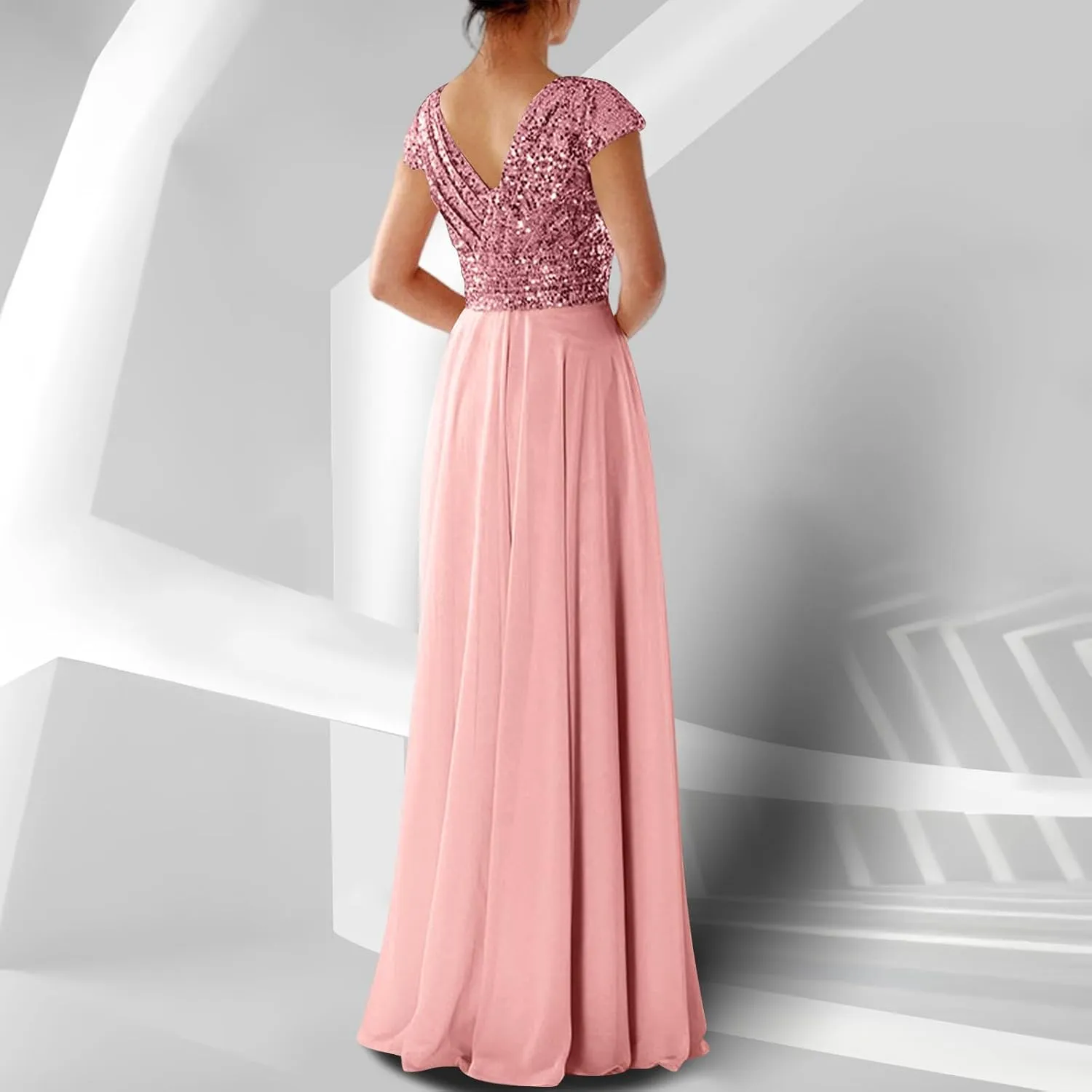 Wedding Guest Dresses for Women Glitter Sequin Long Formal Evening Gown V Neck Cap Sleeve High Waist Chiffon Maxi Dress