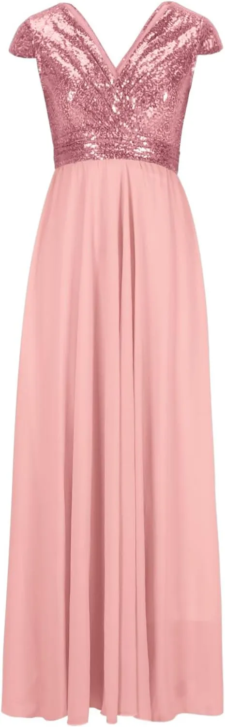 Wedding Guest Dresses for Women Glitter Sequin Long Formal Evening Gown V Neck Cap Sleeve High Waist Chiffon Maxi Dress