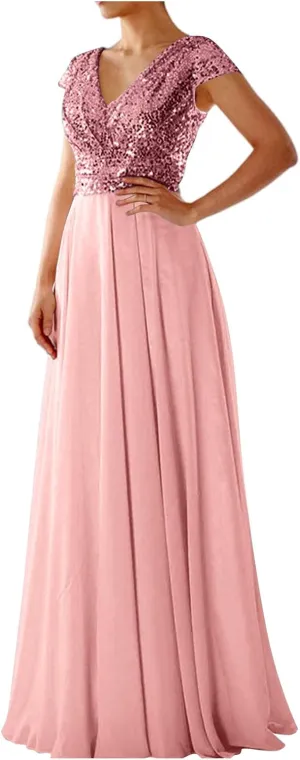 Wedding Guest Dresses for Women Glitter Sequin Long Formal Evening Gown V Neck Cap Sleeve High Waist Chiffon Maxi Dress