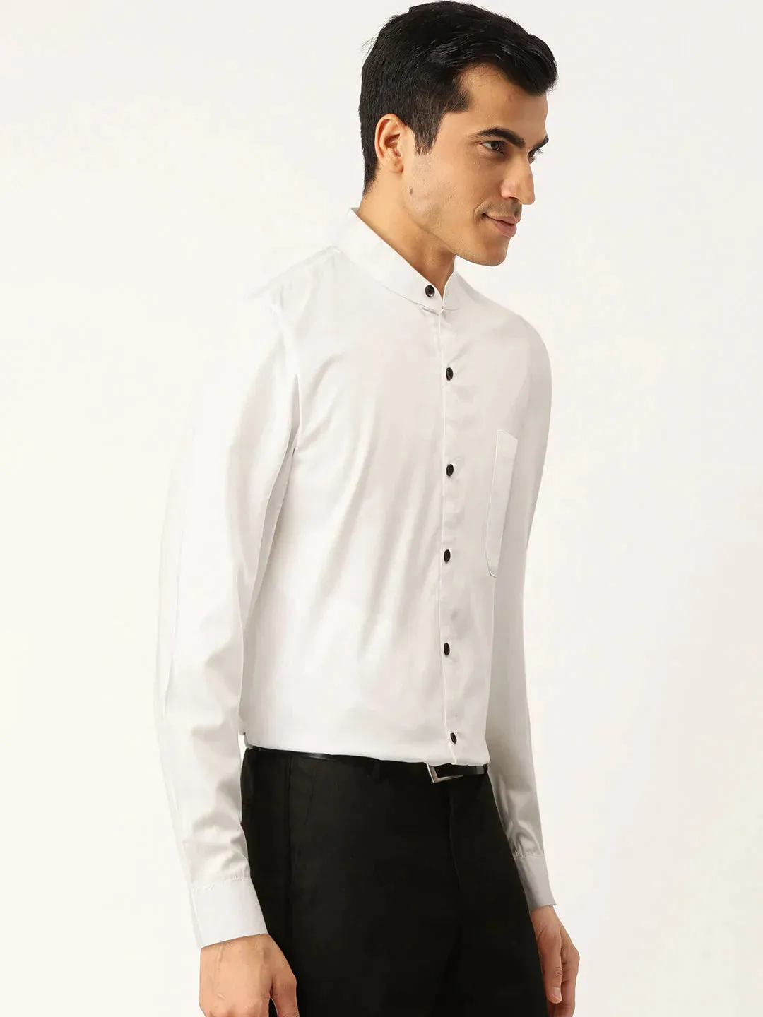 White Men'S Cotton Solid Mandarin Collar Formal Shirts