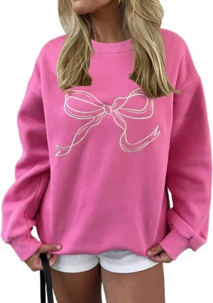 Women Bow Graphic Fleece Sweatshirts Oversized Embroidered Pullover Sweatshirts Crewneck Long Sleeve Going Out Tops