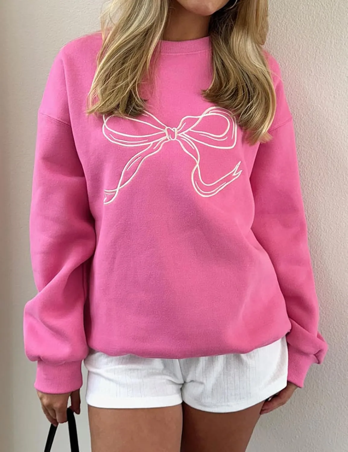 Women Bow Graphic Fleece Sweatshirts Oversized Embroidered Pullover Sweatshirts Crewneck Long Sleeve Going Out Tops