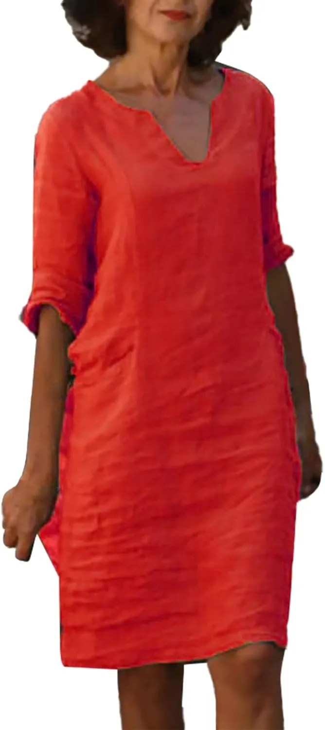 Women Casual Summer Cotton Linen Dresses Vintage 3/4 Sleeve Shirt Derss Beach Sundress Skirt for Women Spring 2025