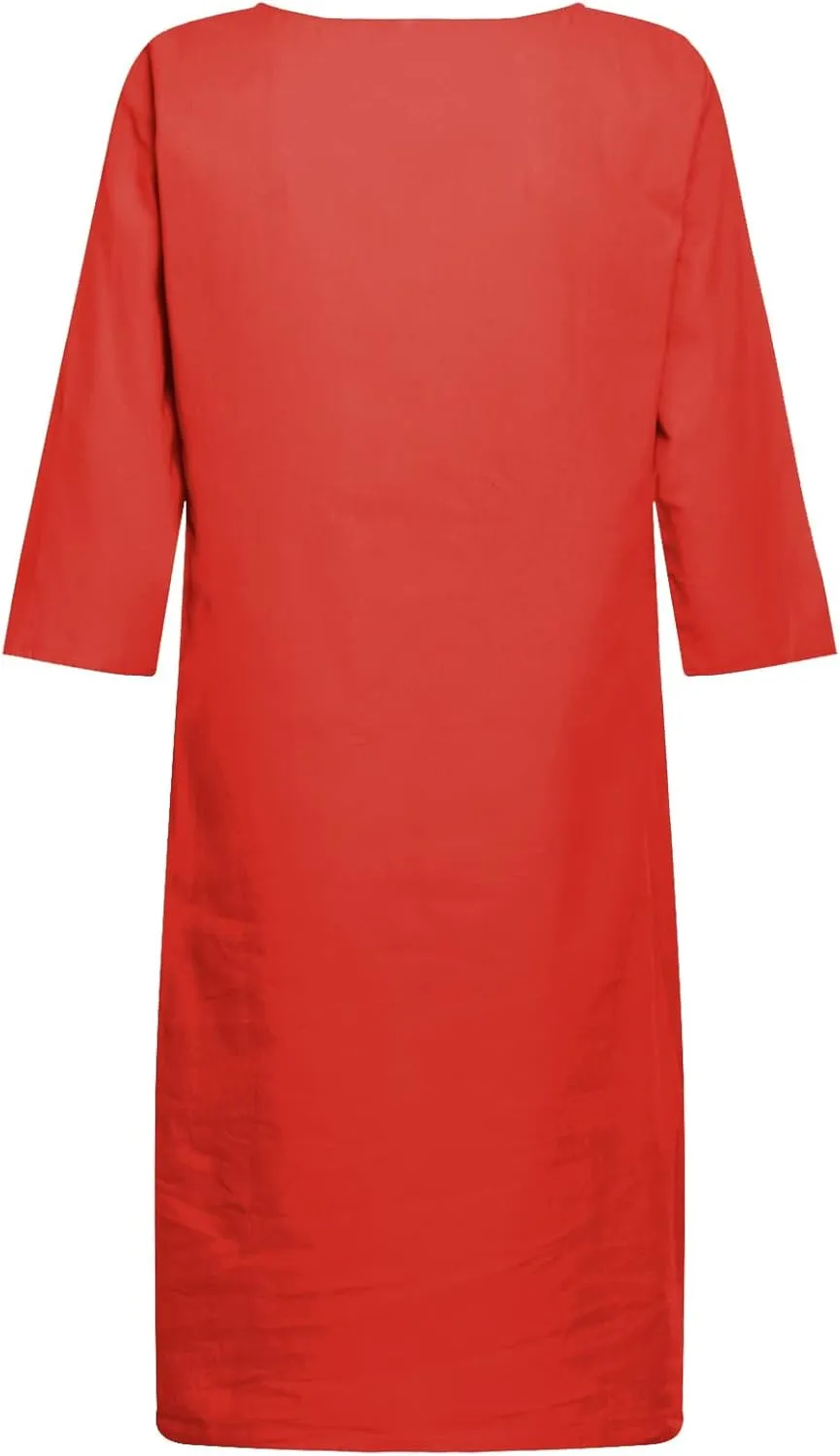 Women Casual Summer Cotton Linen Dresses Vintage 3/4 Sleeve Shirt Derss Beach Sundress Skirt for Women Spring 2025