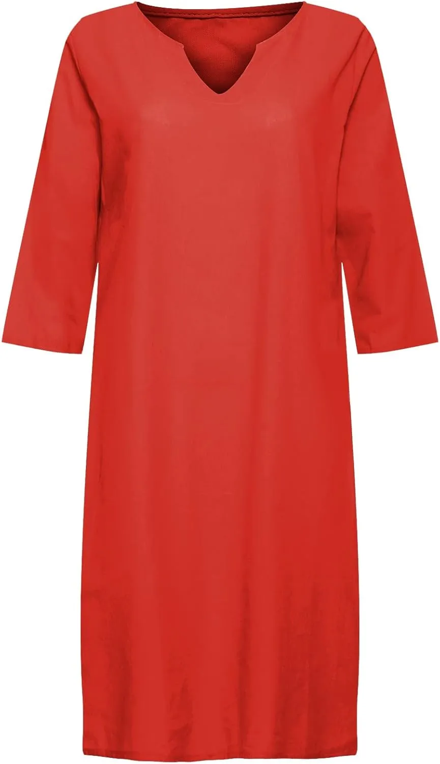 Women Casual Summer Cotton Linen Dresses Vintage 3/4 Sleeve Shirt Derss Beach Sundress Skirt for Women Spring 2025
