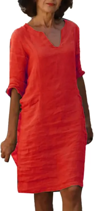 Women Casual Summer Cotton Linen Dresses Vintage 3/4 Sleeve Shirt Derss Beach Sundress Skirt for Women Spring 2025