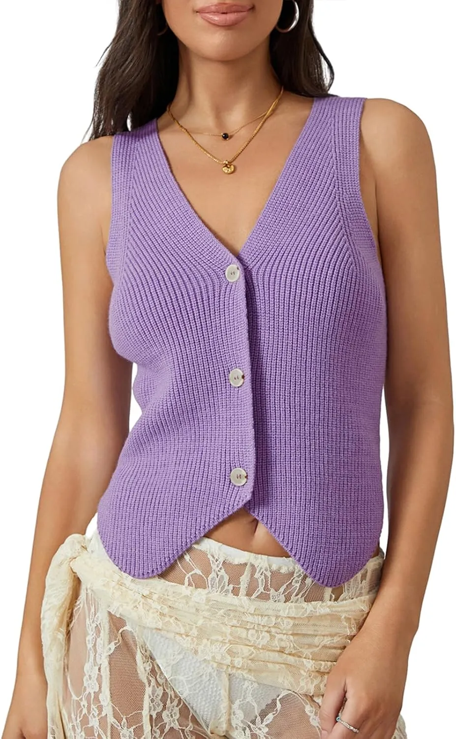 Women Knit Vest Top Y2k V Neck Sleeveless Button Up Crochet Going Out Tops Fashion Streetwear