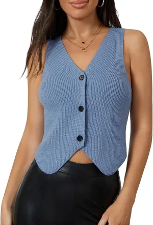 Women Knit Vest Top Y2k V Neck Sleeveless Button Up Crochet Going Out Tops Fashion Streetwear