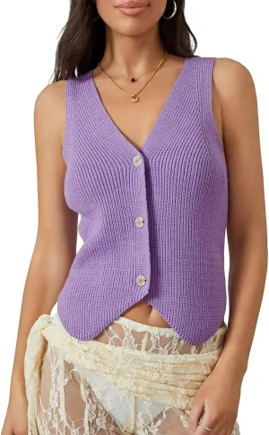 Women Knit Vest Top Y2k V Neck Sleeveless Button Up Crochet Going Out Tops Fashion Streetwear