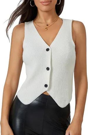 Women Knit Vest Top Y2k V Neck Sleeveless Button Up Crochet Going Out Tops Fashion Streetwear