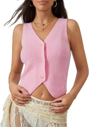 Women Knit Vest Top Y2k V Neck Sleeveless Button Up Crochet Going Out Tops Fashion Streetwear