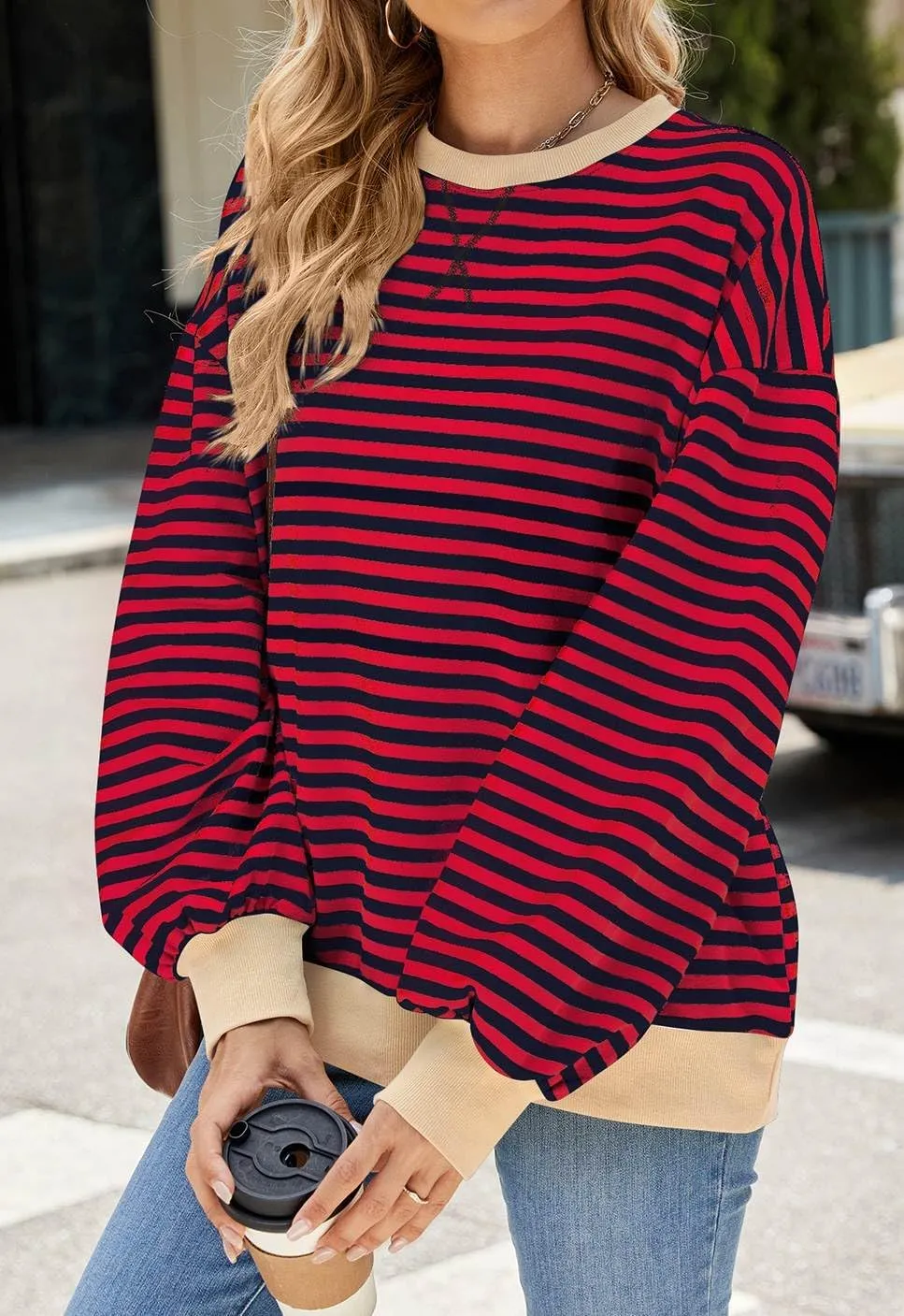 Women Striped Oversized Sweatshirt Crewneck Hoodies Long Sleeve Shirts 2024 Fall Pullover Tops Trendy Fashion Clothes