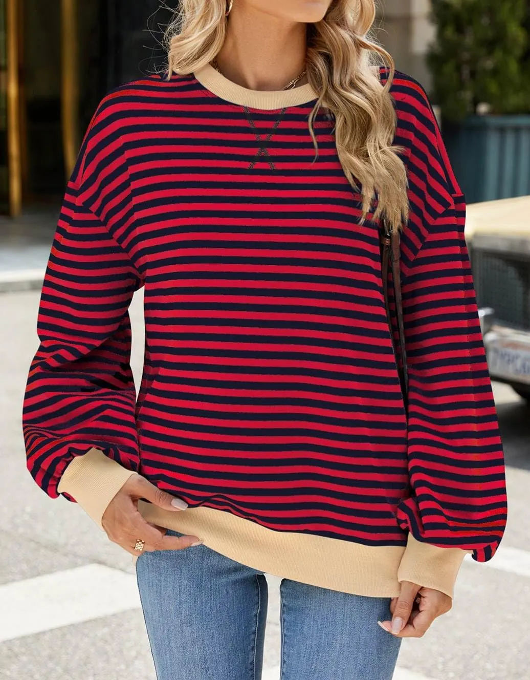 Women Striped Oversized Sweatshirt Crewneck Hoodies Long Sleeve Shirts 2024 Fall Pullover Tops Trendy Fashion Clothes