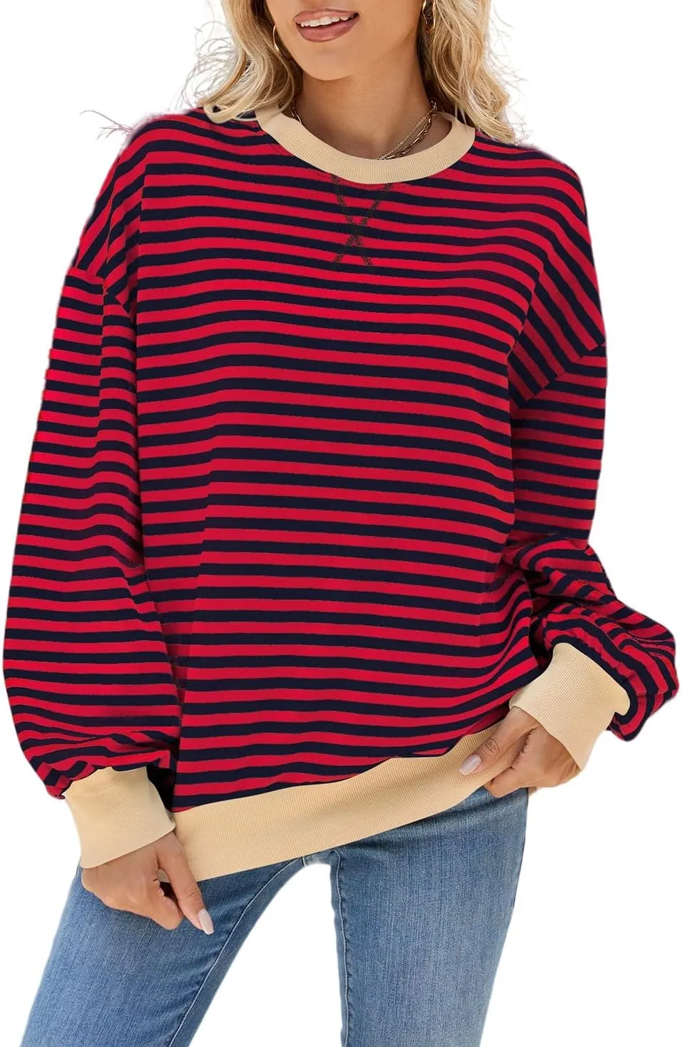 Women Striped Oversized Sweatshirt Crewneck Hoodies Long Sleeve Shirts 2024 Fall Pullover Tops Trendy Fashion Clothes