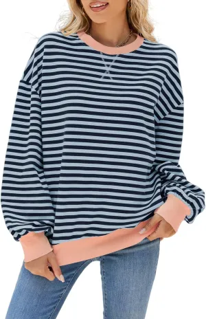 Women Striped Oversized Sweatshirt Crewneck Hoodies Long Sleeve Shirts 2024 Fall Pullover Tops Trendy Fashion Clothes