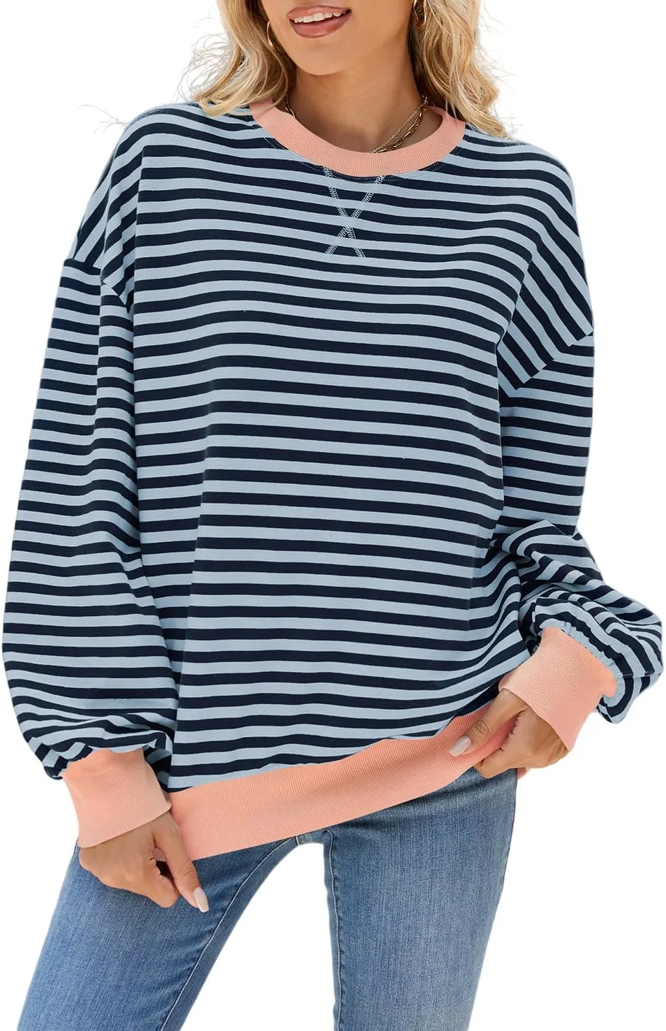 Women Striped Oversized Sweatshirt Crewneck Hoodies Long Sleeve Shirts 2024 Fall Pullover Tops Trendy Fashion Clothes
