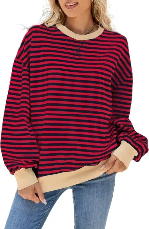 Women Striped Oversized Sweatshirt Crewneck Hoodies Long Sleeve Shirts 2024 Fall Pullover Tops Trendy Fashion Clothes
