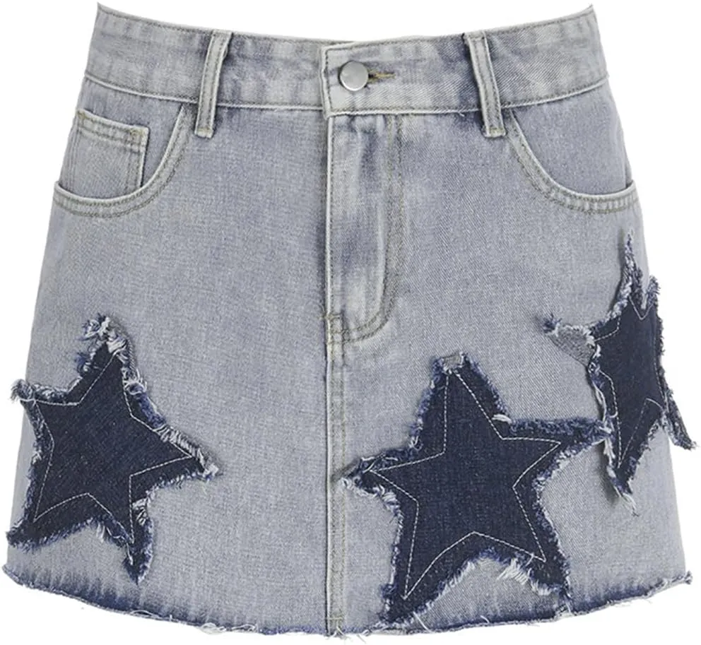Women Teen Girl High Waisted Star Printed A-Line Y2K 90s Mini Jeans Skirts Trendy Frayed Hem Mini Denim Skirt