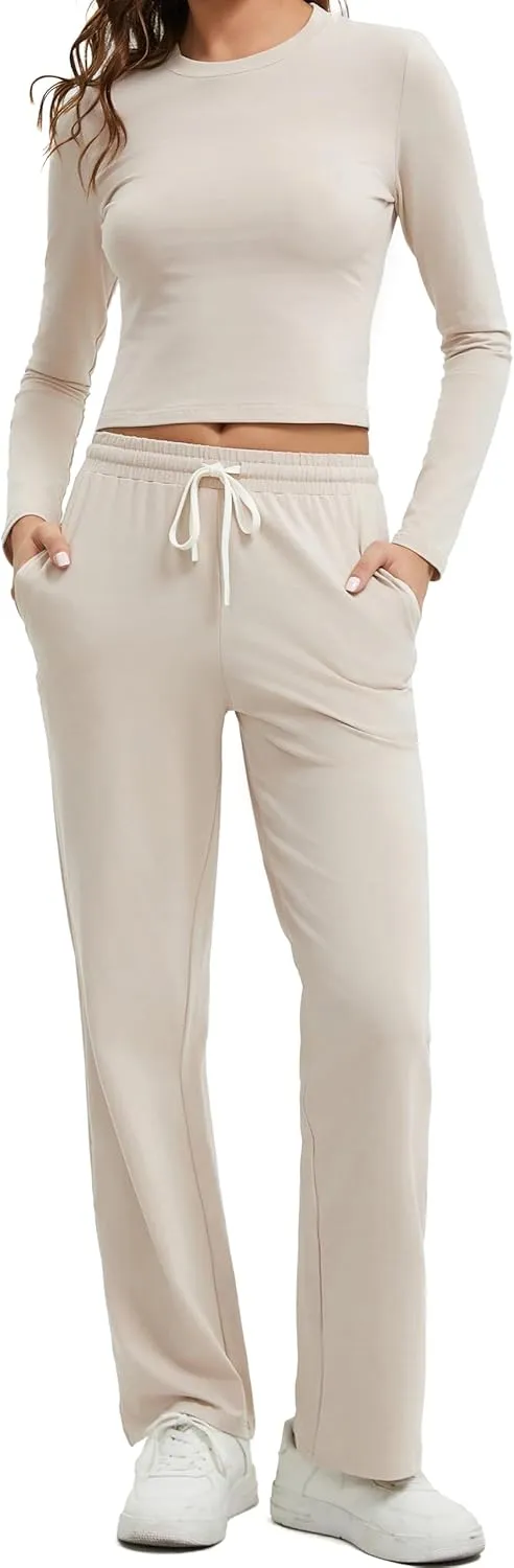 Women's 2 Piece Lounge Sets Cotton Long Sleeve Crop T Shirt Straight Leg Pants Set Casual Outfits Comfy Loungewear