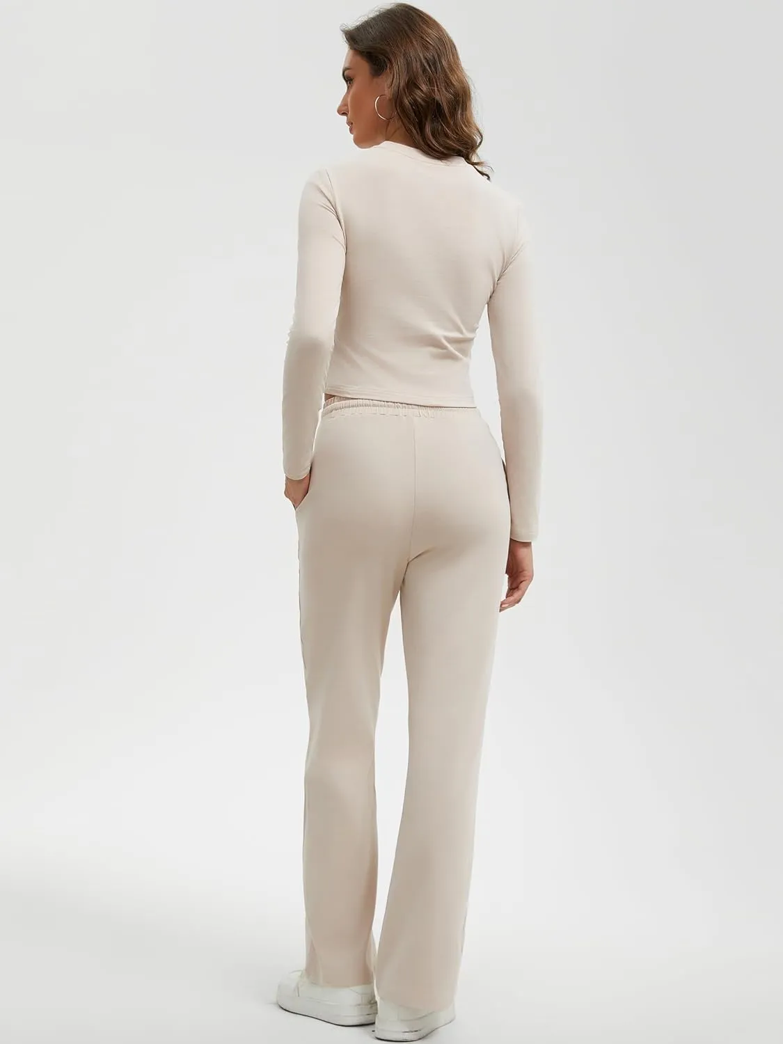 Women's 2 Piece Lounge Sets Cotton Long Sleeve Crop T Shirt Straight Leg Pants Set Casual Outfits Comfy Loungewear