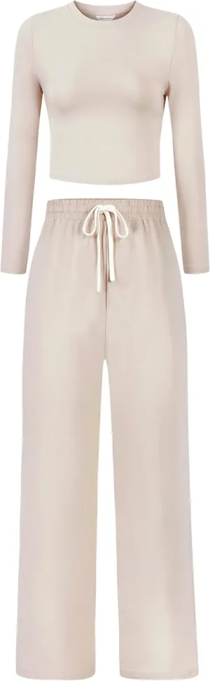 Women's 2 Piece Lounge Sets Cotton Long Sleeve Crop T Shirt Straight Leg Pants Set Casual Outfits Comfy Loungewear