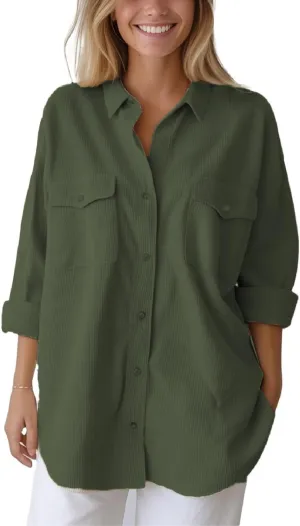 Women's Corduroy Shacket Jacket Coats Brushed Long Sleeve Oversized Casual Lapel Cardigan Button Down Shirts