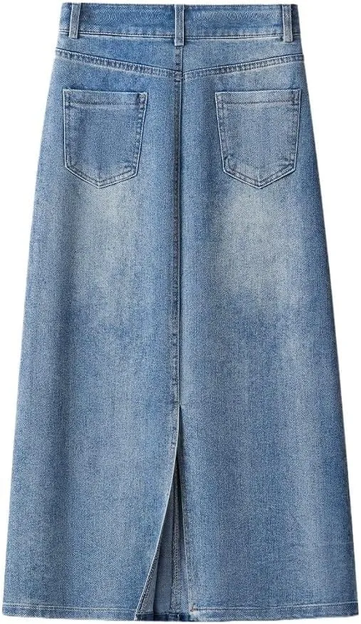 Women's High-Waisted Embroidered Denim Pencil Skirt - Summer Slim Fit Midi Skirt(32)