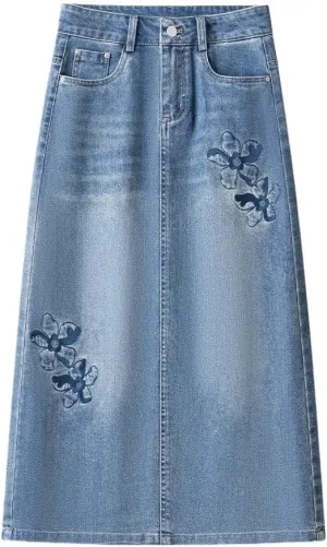 Women's High-Waisted Embroidered Denim Pencil Skirt - Summer Slim Fit Midi Skirt(32)