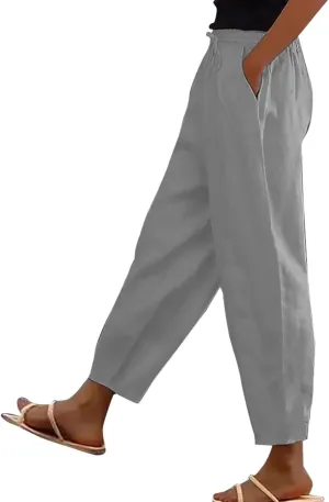 Women's Linen Pants Casual Side Button Linen Beach Pants Women Elastic Waisted Linen Pant Trousers with Pockets