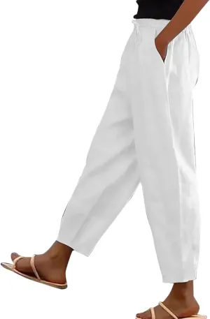 Women's Linen Pants Casual Side Button Linen Beach Pants Women Elastic Waisted Linen Pant Trousers with Pockets