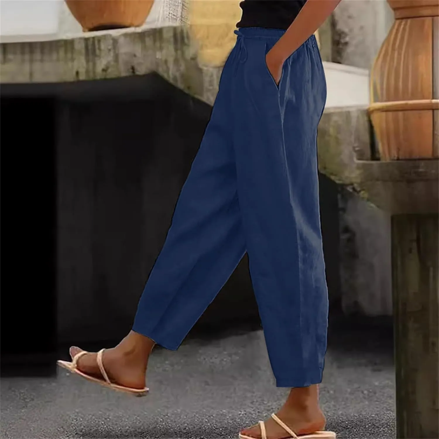 Women's Linen Pants Casual Side Button Linen Beach Pants Women Elastic Waisted Linen Pant Trousers with Pockets