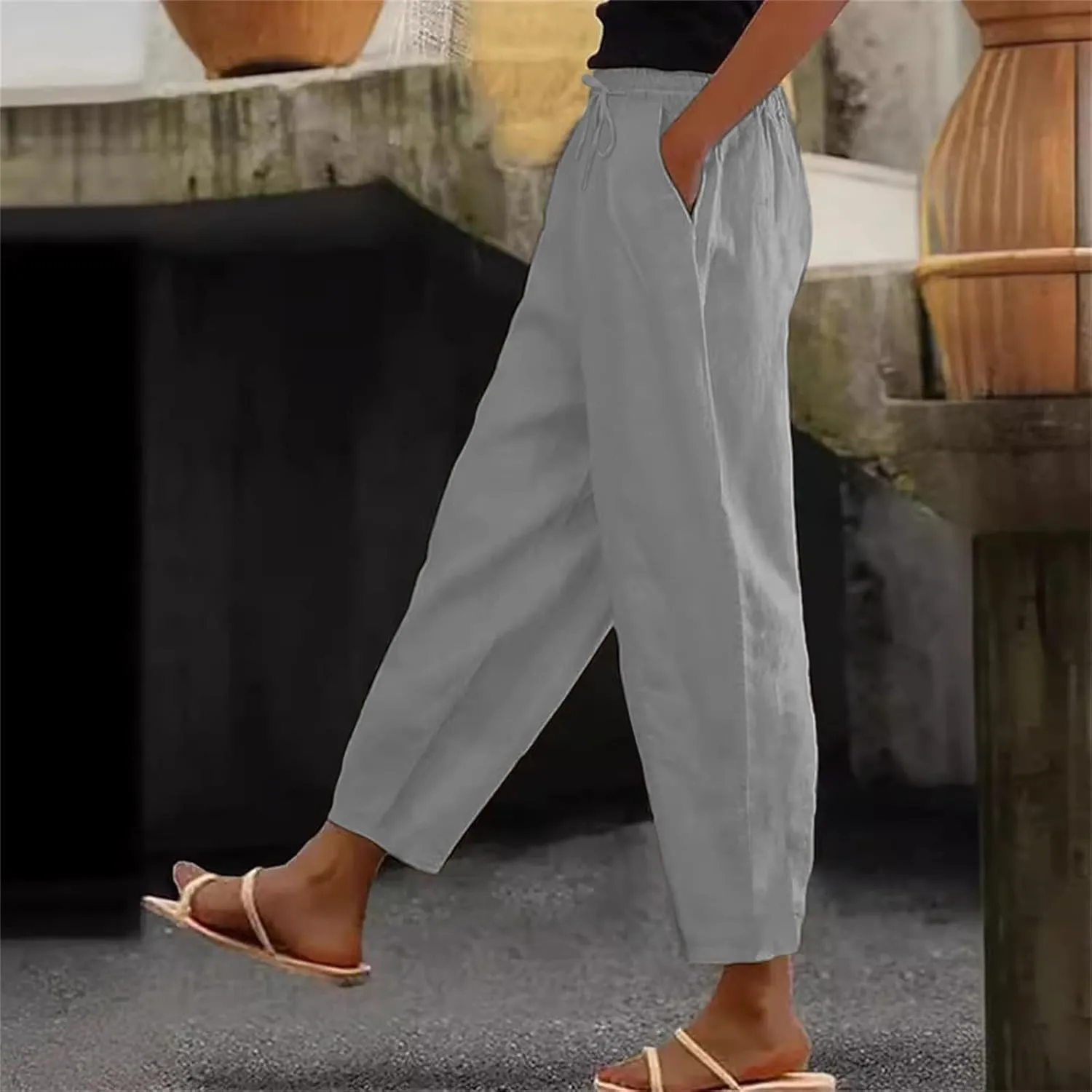 Women's Linen Pants Casual Side Button Linen Beach Pants Women Elastic Waisted Linen Pant Trousers with Pockets