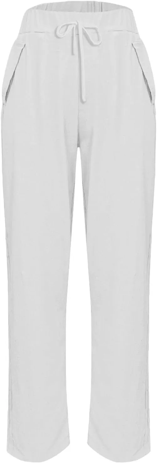 Women's Linen Pants Casual Side Button Linen Beach Pants Women Elastic Waisted Linen Pant Trousers with Pockets