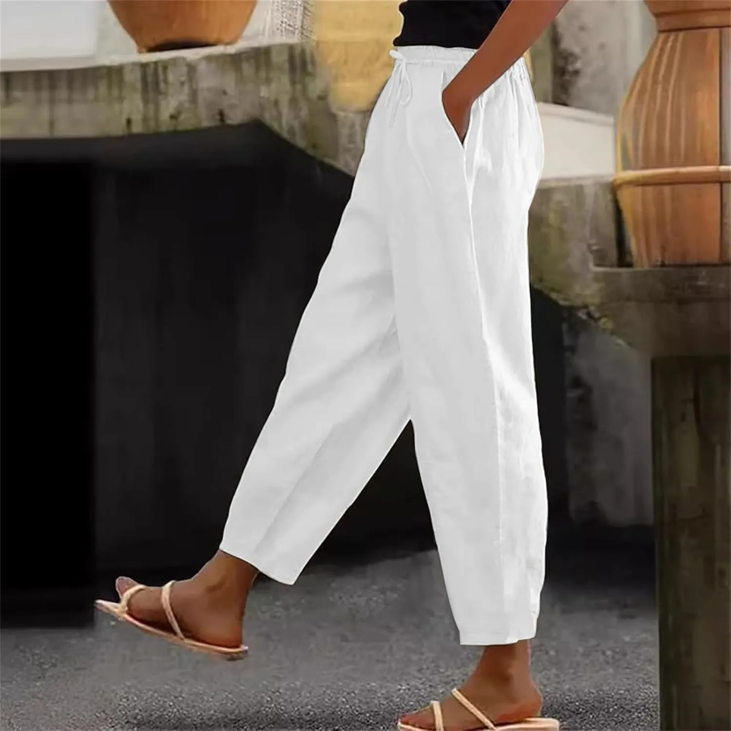 Women's Linen Pants Casual Side Button Linen Beach Pants Women Elastic Waisted Linen Pant Trousers with Pockets